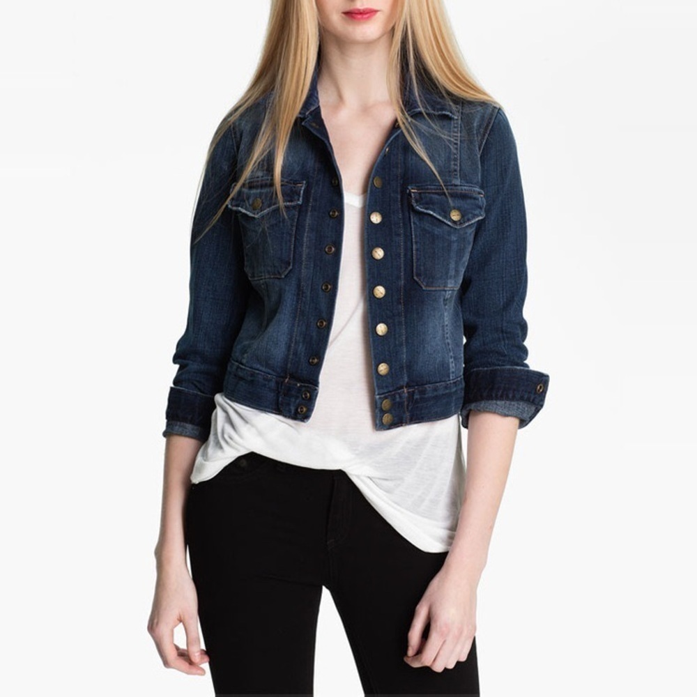 Current/Elliott The Snap Retro Crop Medium Blue Denim Jean Jacket